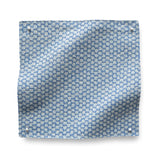 Square fabric swatch in a dense checked weave in blie and white.
