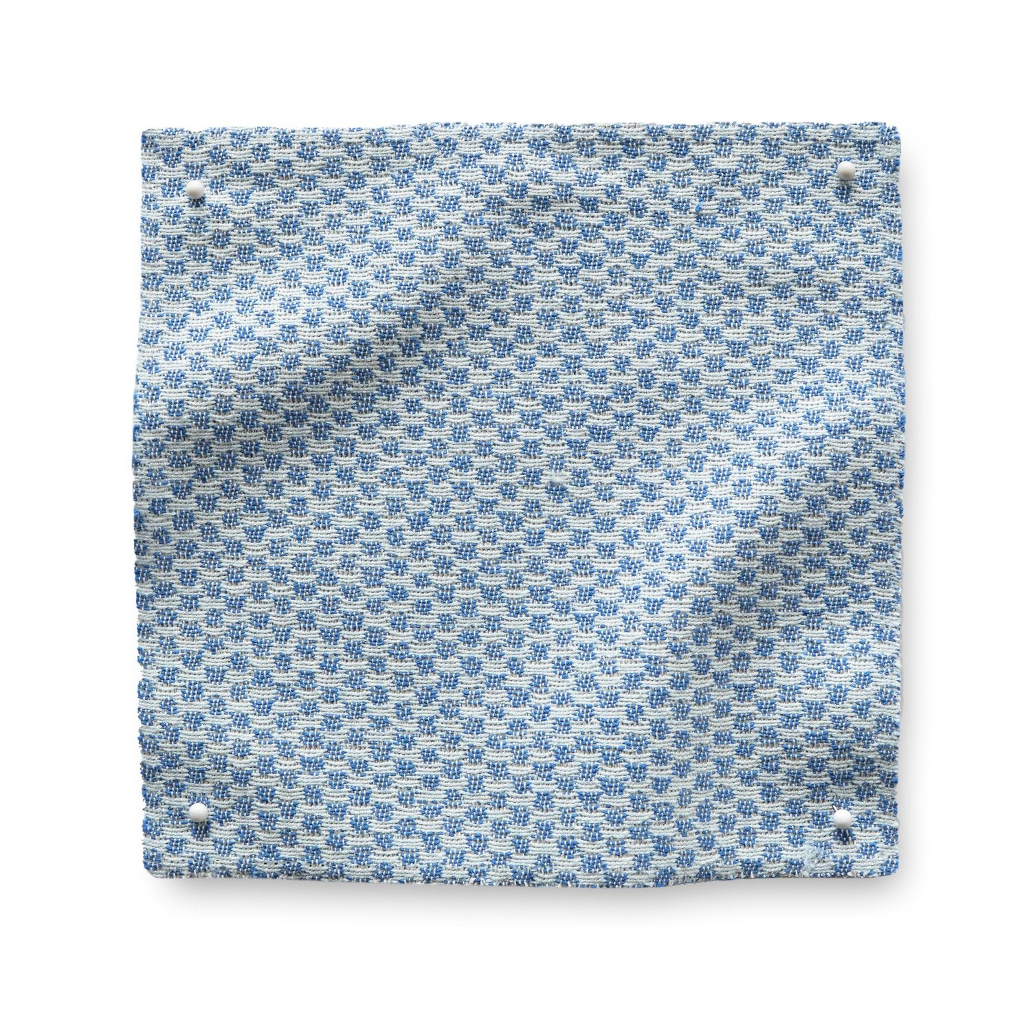 Square fabric swatch in a dense checked weave in blie and white.
