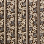 Woven performance fabric in a botanical branch and stripe design in chocolate brown, tan beige and accents of blue. 