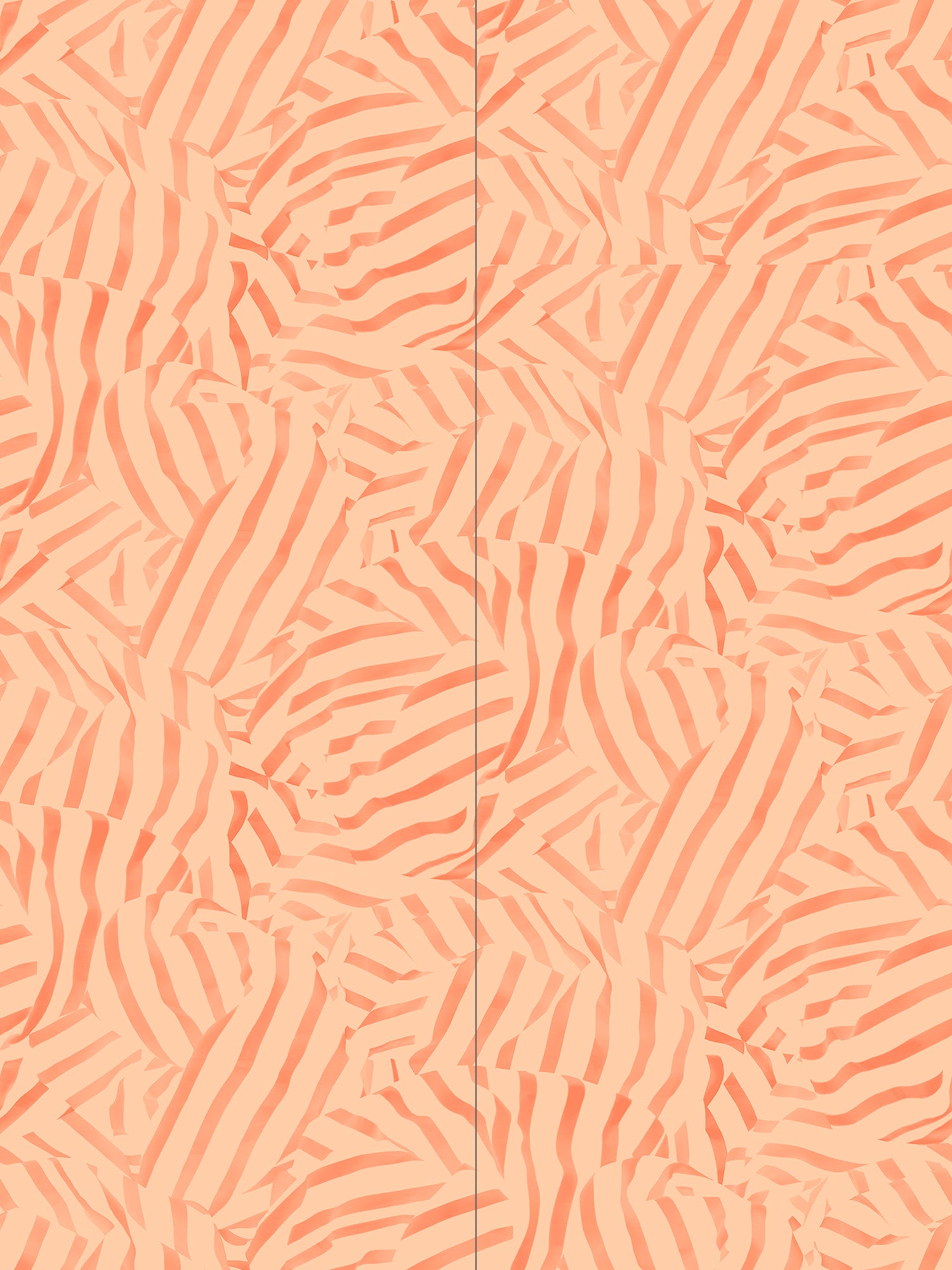 Wallpaper panels in a playful broken stripe print in rust on an orange field.