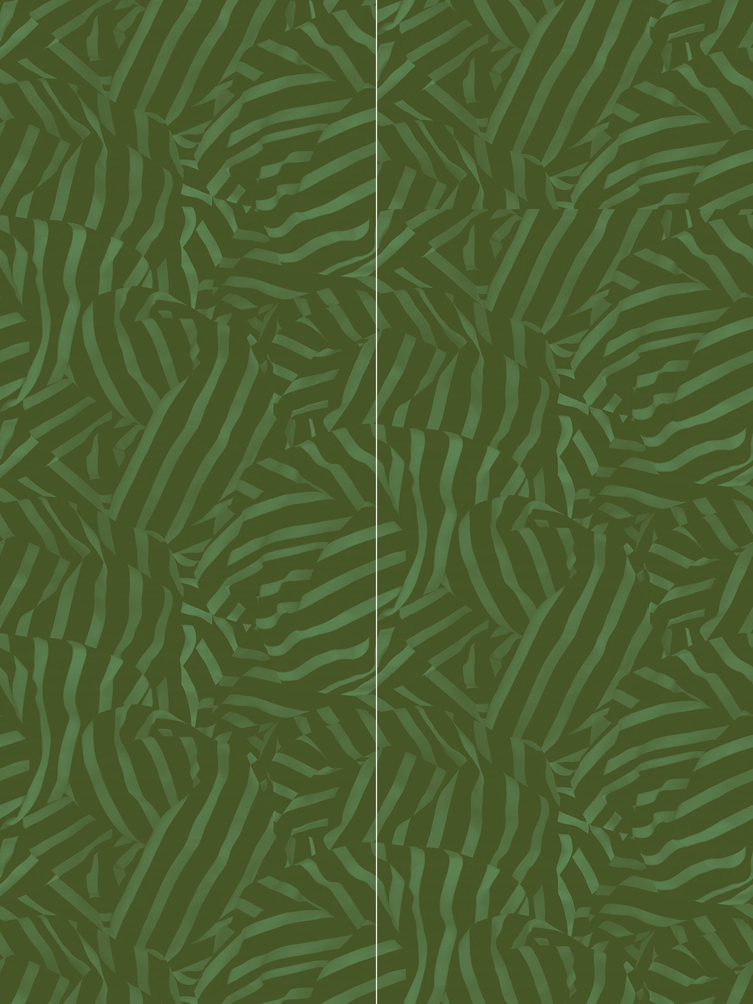 Wallpaper panels in a playful broken stripe print in dark green on a green field.