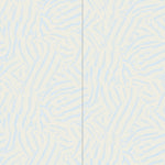 Wallpaper panels in a playful broken stripe print in light blue on a cream field.