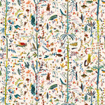 Detail of wallpaper in a playful plant, animal and insect print in a rainbow of shades on a cream field.