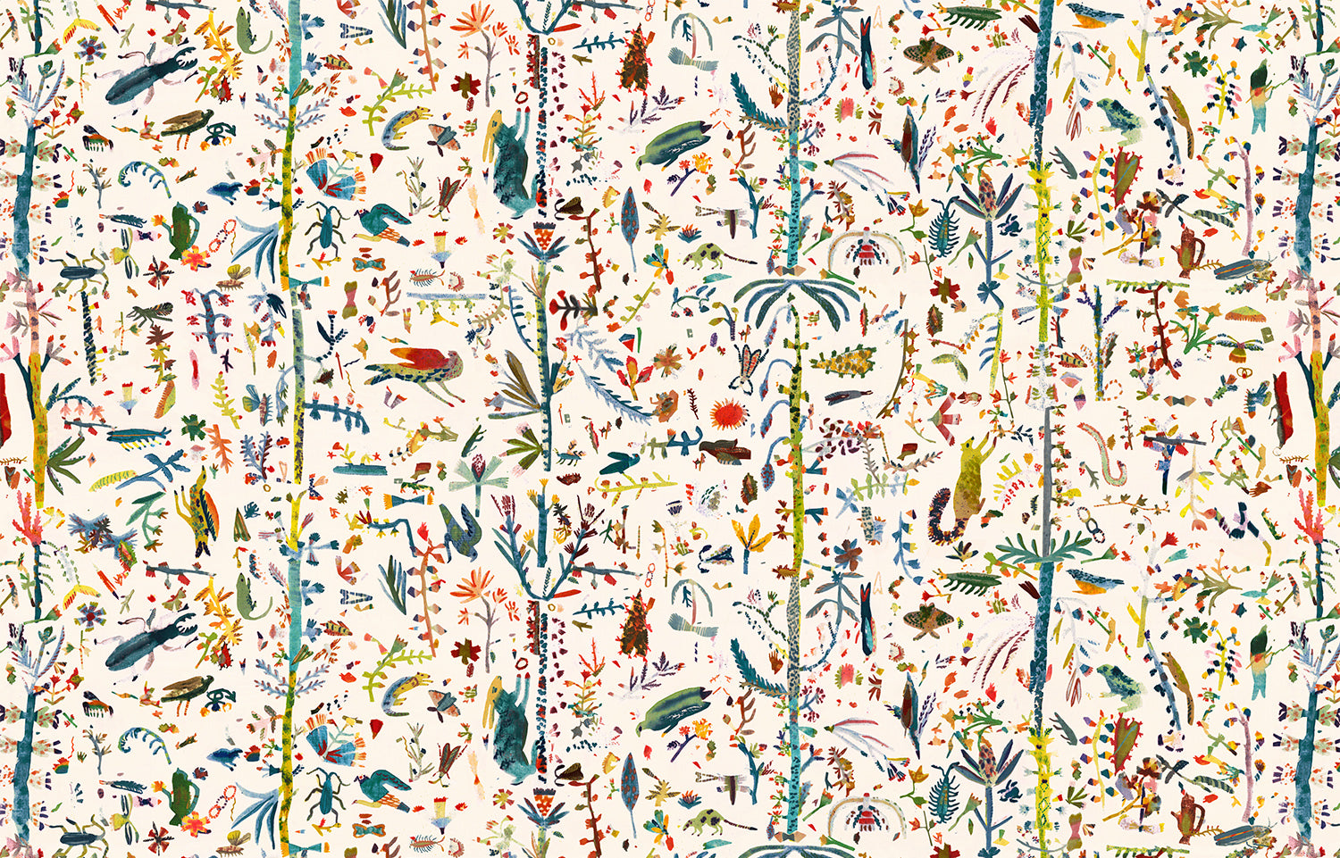 Detail of wallpaper in a playful plant, animal and insect print in a rainbow of shades on a cream field.