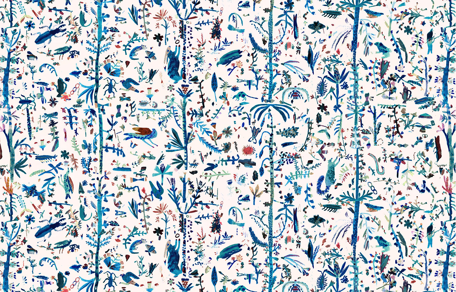 Detail of wallpaper in a playful plant, animal and insect print in shades of blue and green on a cream field.