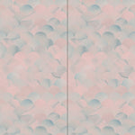 Wallpaper panels in a repeating scalloped print in shades of blue and pink.