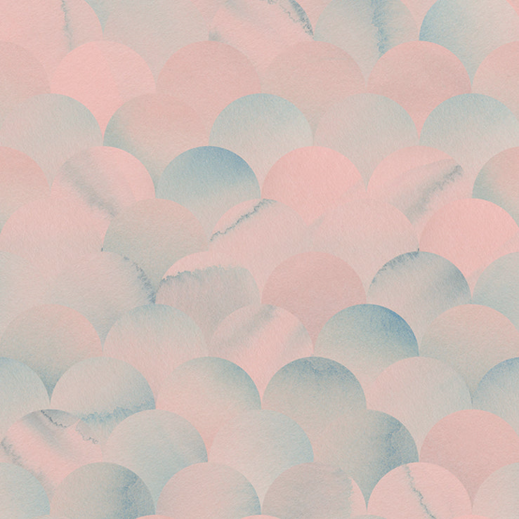 Detail of wallpaper in a repeating scalloped print in shades of blue and pink.