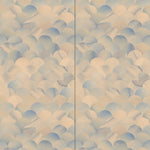 Wallpaper panels in a repeating scalloped print in shades of blue and tan.