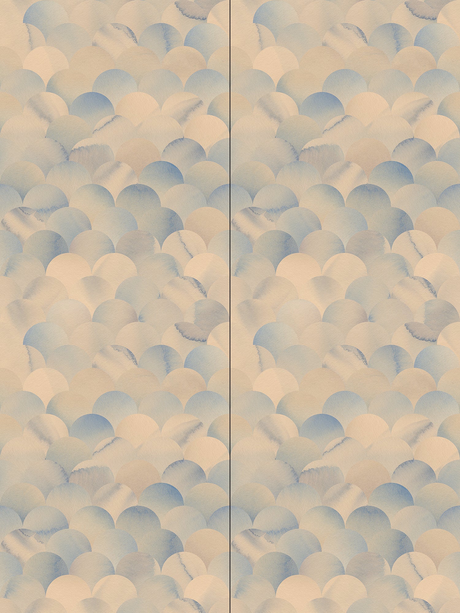 Wallpaper panels in a repeating scalloped print in shades of blue and tan.