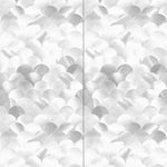 Wallpaper panels in a repeating scalloped print in shades of gray and white.