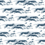 Detail of fabric in a running whippet print in navy on a white field.
