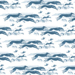 Detail of wallpaper in a running whippet print in navy on a white field.