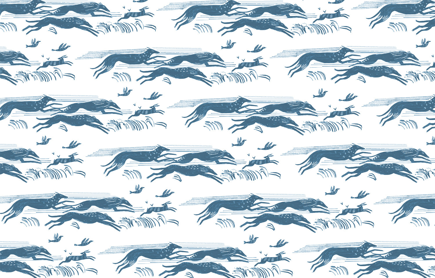 Detail of wallpaper in a running whippet print in navy on a white field.
