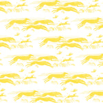 Detail of wallpaper in a running whippet print in yellow on a white field.