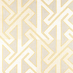 Detail of fabric in a contemporary lattice print in cream and yellow on a greige field.