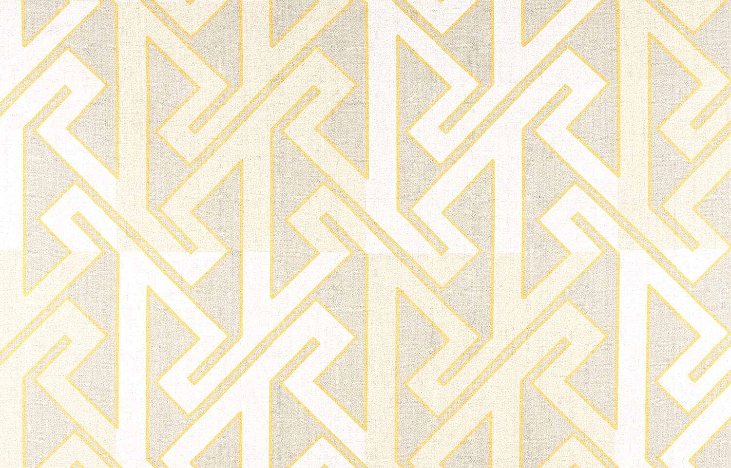 Detail of fabric in a contemporary lattice print in cream and yellow on a greige field.