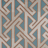 Detail of fabric in a contemporary lattice print in red and gray on a blue field.