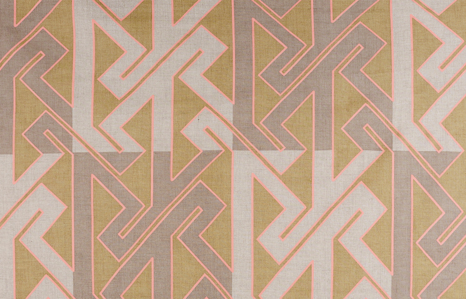 Detail of fabric in a contemporary lattice print in pink and gray on a mustard field.