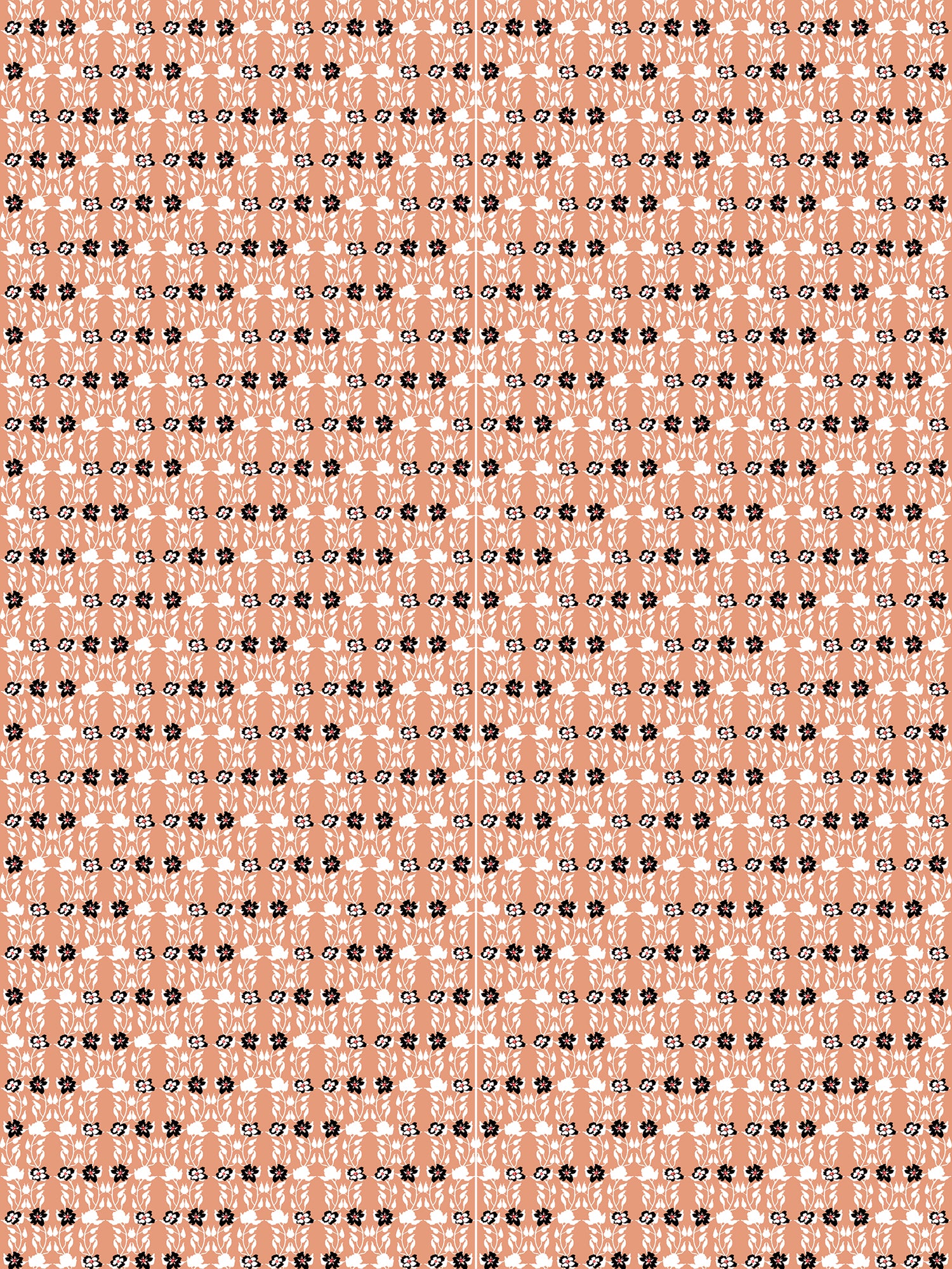 Panels of wallpaper in a linear floral print in red, white and black on an orange field.