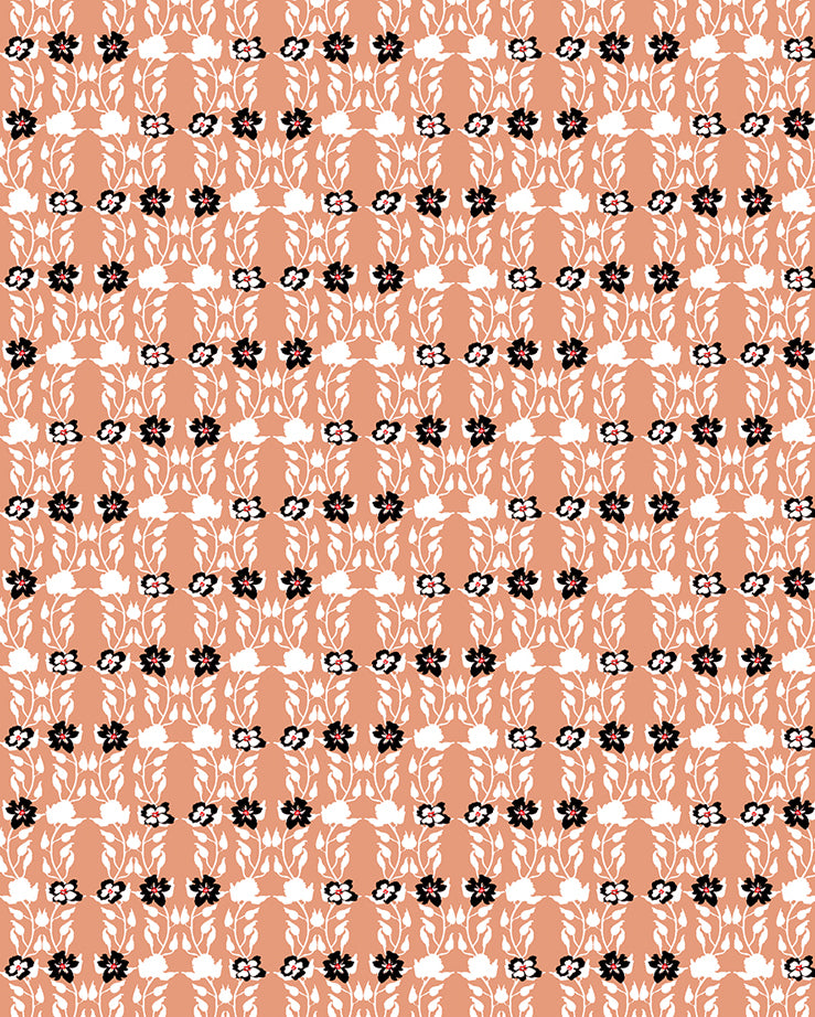 Detail of wallpaper in a linear floral print in red, white and black on an orange field.