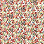 Detail of fabric in a dense small-scale floral print in shades of coral, red, green and blue on a white field.