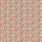 Wallpaper panels in a dense small-scale floral print in shades of coral, red, green and blue on a white field.