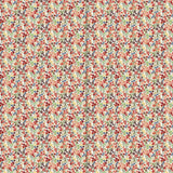 Wallpaper panels in a dense small-scale floral print in shades of coral, red, green and blue on a white field.