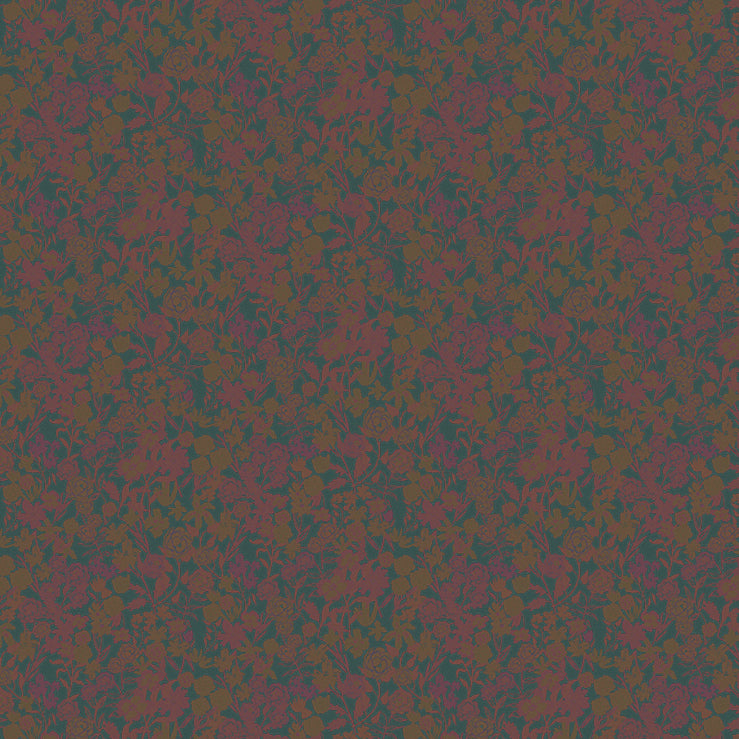 Detail of wallpaper in a dense small-scale floral print in shades of purple and gold on a navy field.