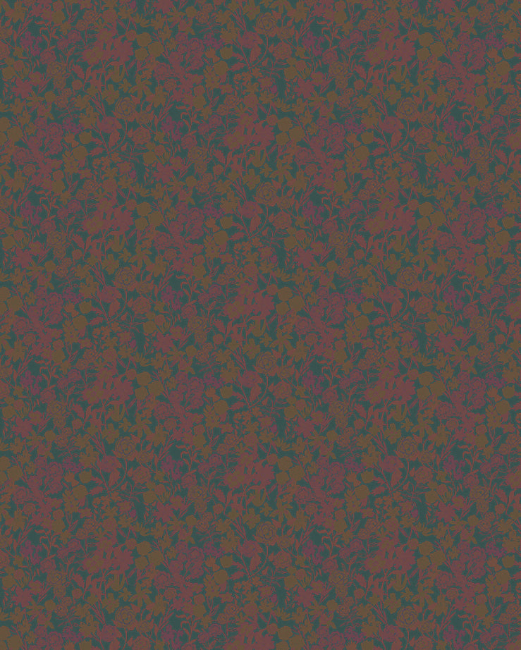 Detail of wallpaper in a dense small-scale floral print in shades of purple and gold on a navy field.