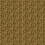 Wallpaper panels in a dense small-scale floral print in shades of brown and tan on a green field.
