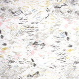 Detail of wallpaper in a painterly seaside print in gray and pastels on a white field.