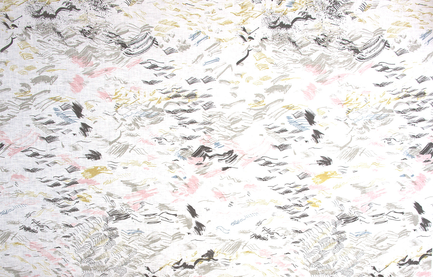 Detail of wallpaper in a painterly seaside print in gray and pastels on a white field.