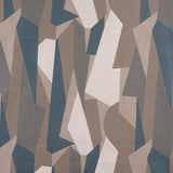 Detail of fabric in an abstract geometric print in brown, tan, blue and white.