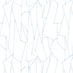 Detail of fabric in an abstract lattice print in blue on a white field.