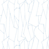 Detail of fabric in an abstract lattice print in blue on a white field.
