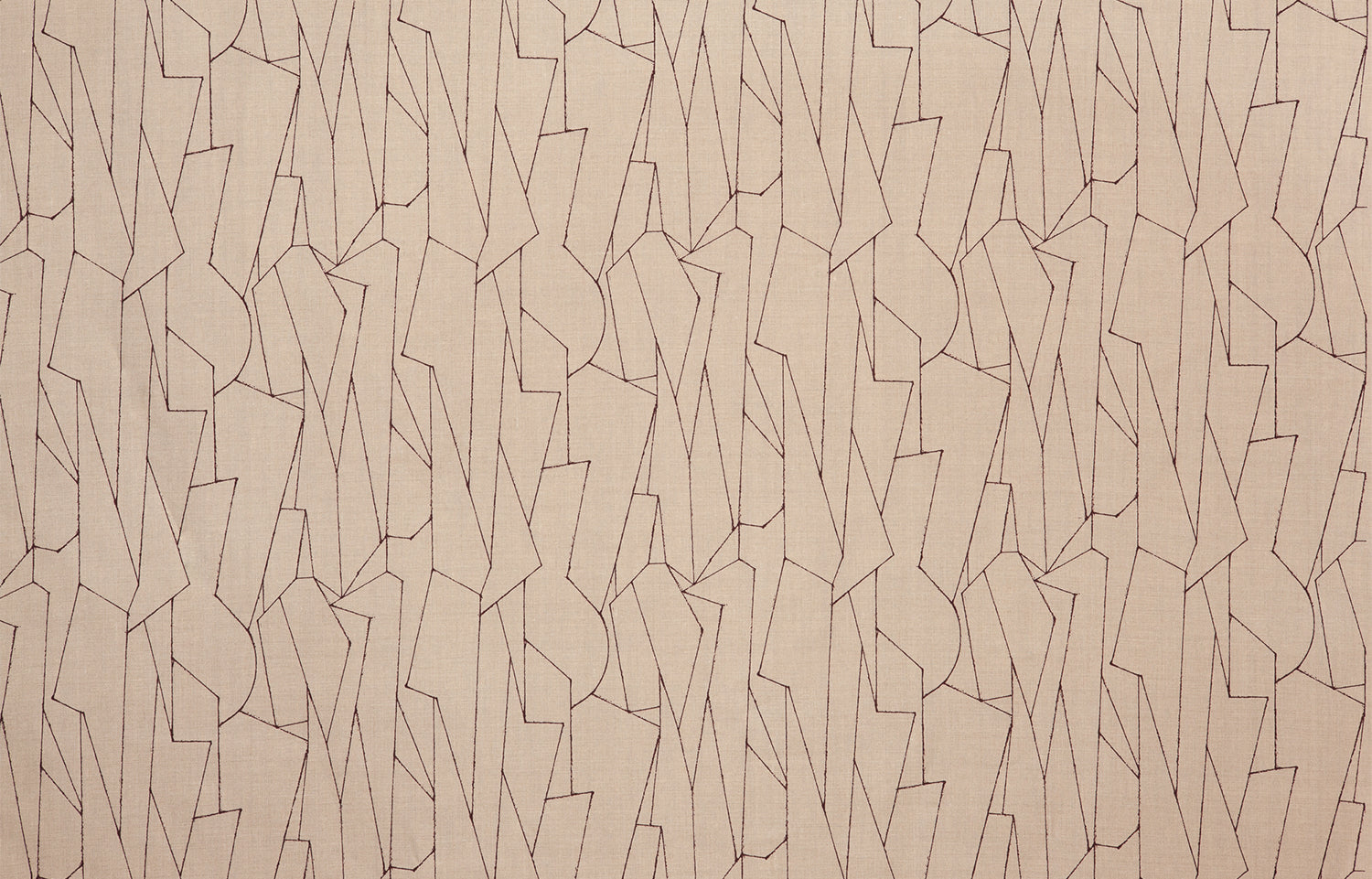 Detail of fabric in a small-scale abstract lattice print in purple on a tan field.