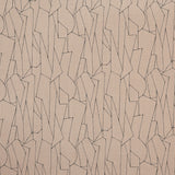 Detail of fabric in a small-scale abstract lattice print in navy on a tan field.
