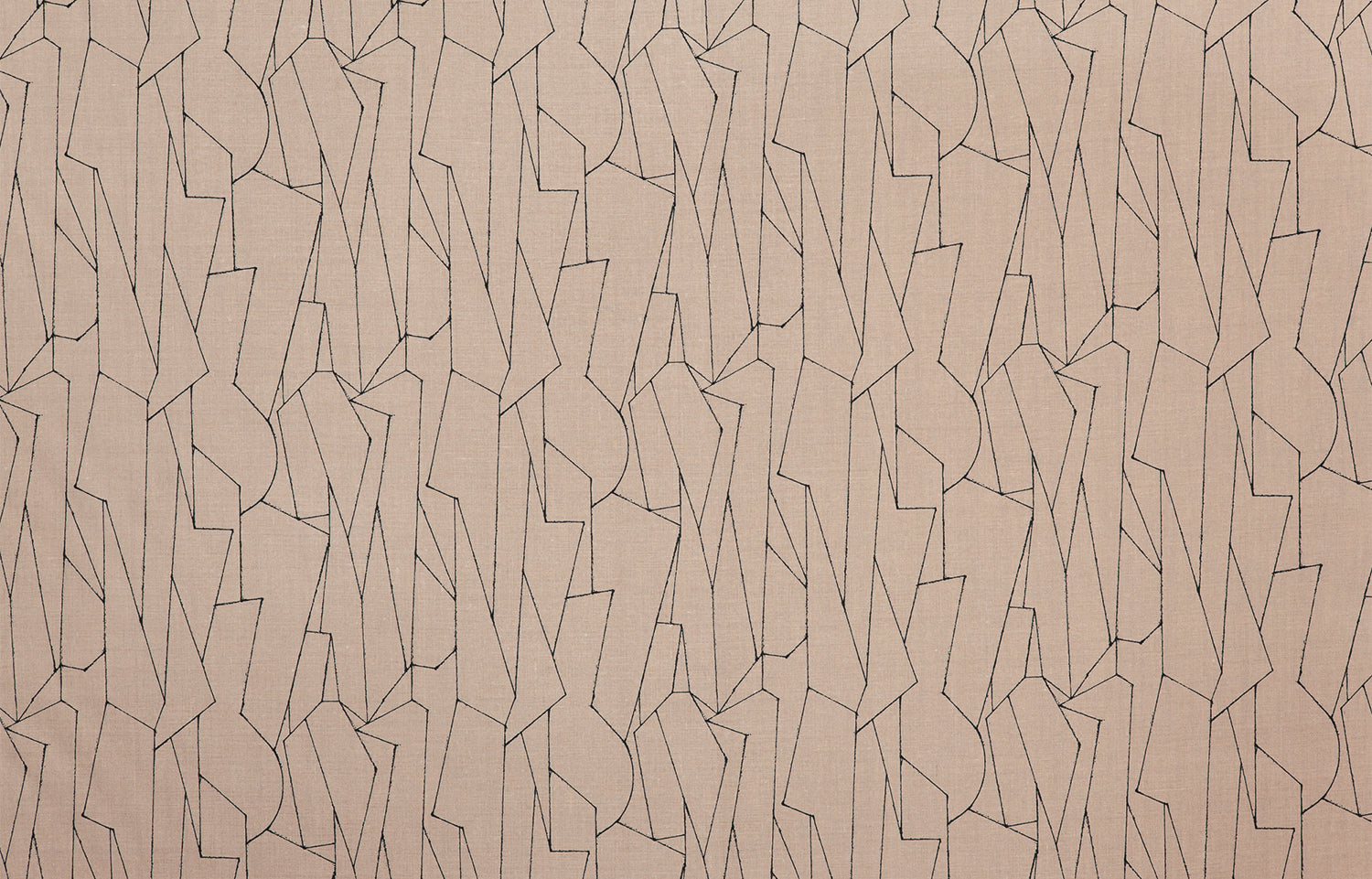 Detail of fabric in a small-scale abstract lattice print in navy on a tan field.