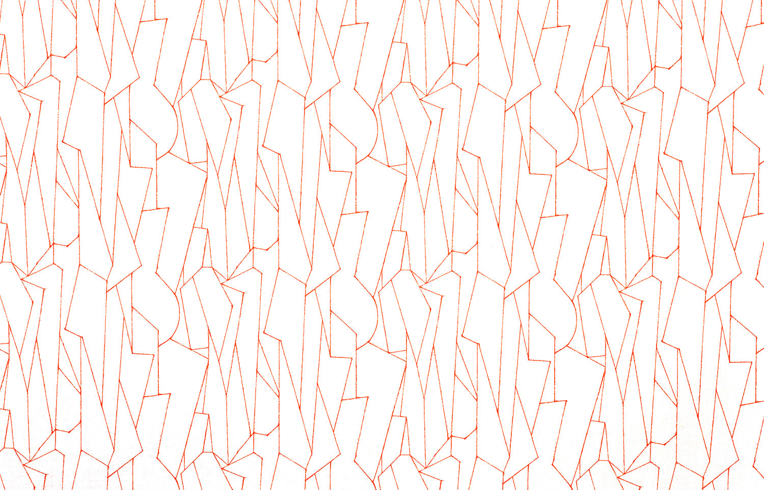 Detail of wallpaper in a small-scale abstract lattice print in red on a white field.