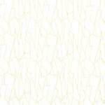 Detail of wallpaper in a small-scale abstract lattice print in yellow on a white field.