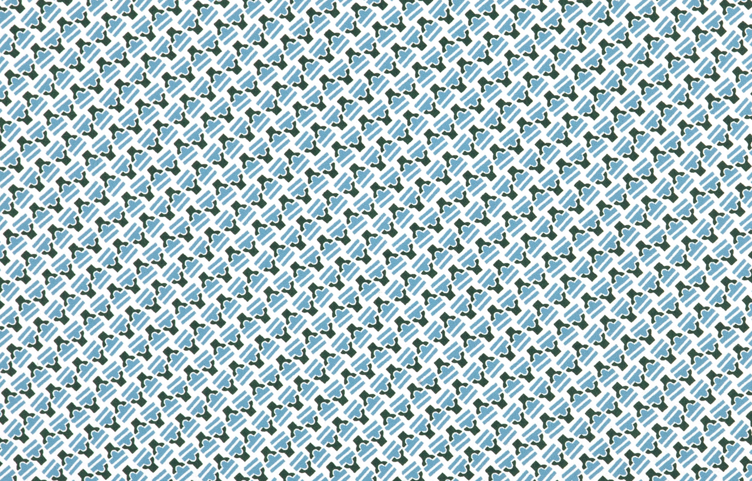 Detail of wallpaper in a dense geometric print in gray, blue and cream.