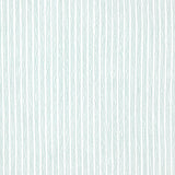 Detail of fabric in a wiggly stripe print in light turquoise on a white field.