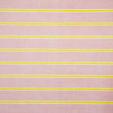 Detail of fabric in a horizontal striped print in yellow and white on a pink field.