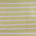 Detail of fabric in a horizontal striped print in pink and white on a yellow field.