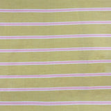 Detail of fabric in a horizontal striped print in pink and white on a yellow field.