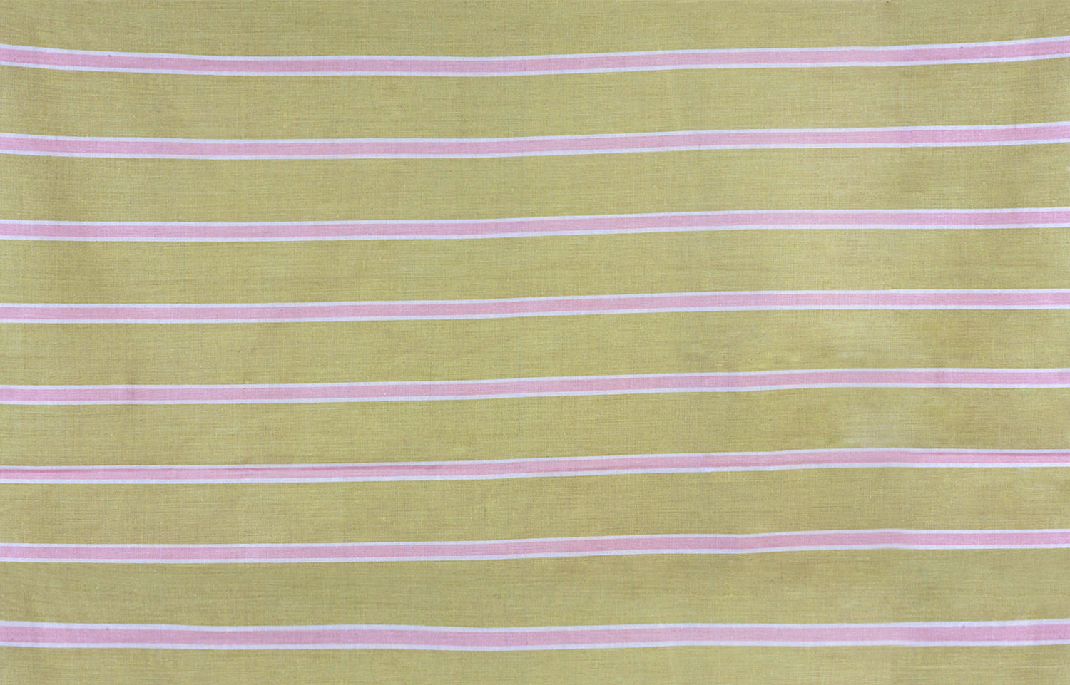 Detail of fabric in a horizontal striped print in pink and white on a yellow field.
