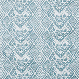Detail of fabric in a lacey diamond print in white on a blue-gray field.