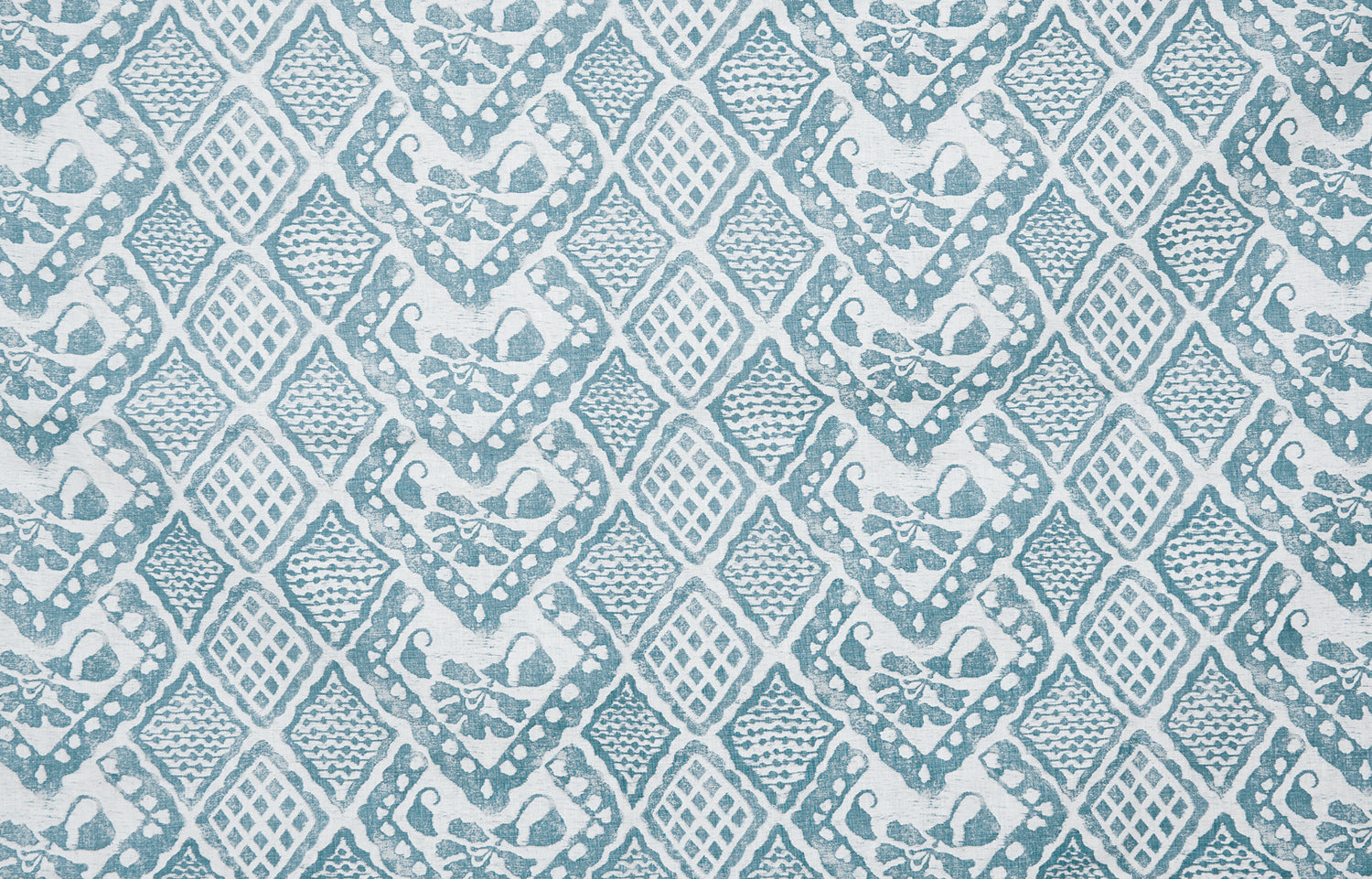 Detail of fabric in a lacey diamond print in white on a blue-gray field.