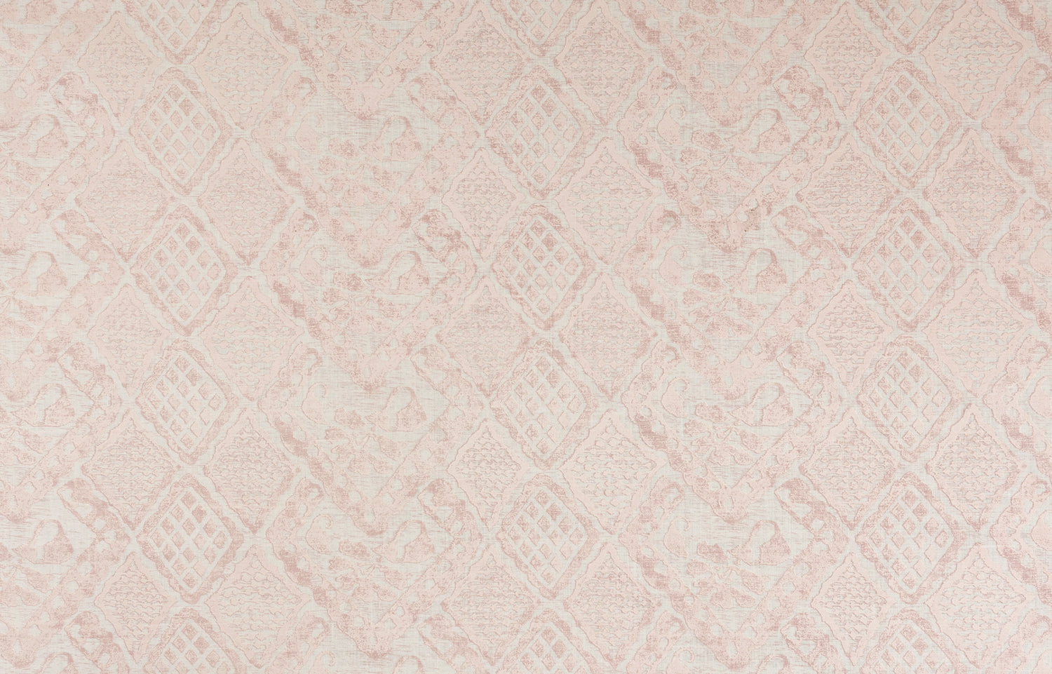 Detail of fabric in a lacey diamond print in cream on a mottled pink field.