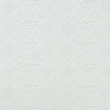 Detail of fabric in a lacey diamond print in white.